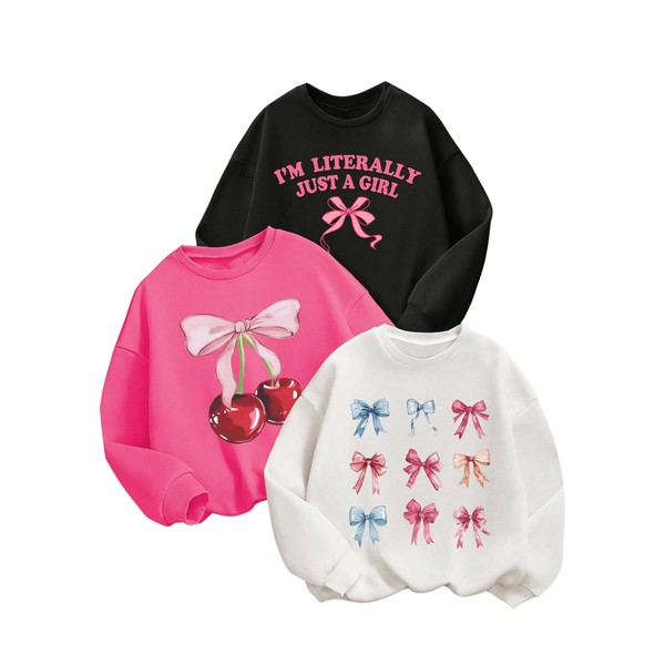 RoseSeek Girl's 3 Packs Graphic Crewbeck Sweatshirts Long Sleeve Drop