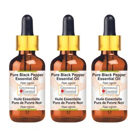 Greenwood Essential Pure Black Pepper Essential Oil (Piper nigrum) with Glass Dropper Steam Distilled for Personal Care (Pack of Three) 100ml X 3 (10oz)
