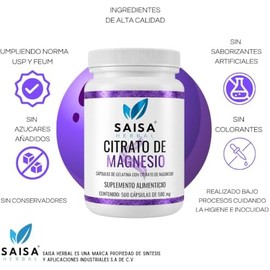 Saisa Herbal  Citrato de Magnesio  Citrato de Potasio  500 Cápsulas CU  Suplemento Alimenticio  Anticalambres, Energía, Recuperación Muscular y Salud