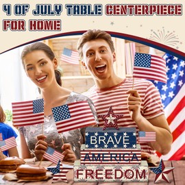 Geelin 4 Pieces Memorial Day Table Decorations 4 of July Patriotic Wooden Block Signs Red White Blue Star Tabletop Centerpieces Independece Day Farmhouse Tiered Tray Decor for Home Shelf Mantel