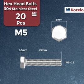 Kozelo 20 Pcs Hex Head Screws Bolts - [M5-0.8x25] 304 Stainless Steel Grade A2-70 Fully Threaded Hex Tap Metric Hexagon Head Machine Bolts Right Hand External Hex Drive, Silver