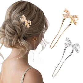 CURASA French Hair Pins for Women, 2PCS U Shape RhinestoneMetal Hair Pin for Thick Hair Gold Silver French Twist Hair Pin, Bow Hair Pins for Women, Elegant Hair Accessories