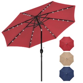 YSSOA 9ft Solar LED Lighted Patio Umbrella, Outdoor Table Market Umbrellas with Tilt/Crank Adjustment, for Garden, Deck, Backyard, Pool, Red
