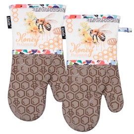 Alselo Oven Mitts, Heat Resistant with Soft Quilted Cotton Lining Set of 2, Fashion Bee Design with Silicone Printing Anti-Slip Kitchen Gloves for Safe Backing Cooking Barbecue (Khaki, Bee)