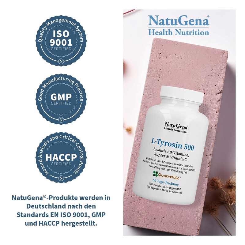 NatuGena L-Tyrosine 500, Bioactive B Vitamins (B3, B2, B6), Copper