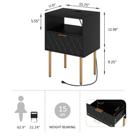 AEPOALUA Nightstand,Small Bedside Table with Gold Frame,Morden Night Stand,End Table,Bedside Furniture,Side Table with Drawer and Shelf for Bedroom,Living Room (Modern-1Ddrawer, Black-pane-Outlet)
