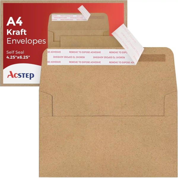ACSTEP 100Pack A4 Envelopes 4-1/4 X6-1/4 Inch Self Seal Brown