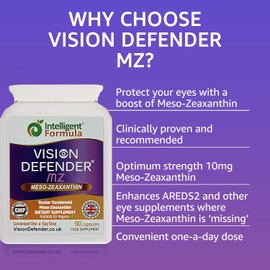 Vision Defender MZ Eye Health Supplement – 10mg Meso-Zeaxanthin from Marigold Extract – Antioxidant Carotenoid for Vision Support and Retina Nutrition – 90 Vegan Capsules. Made in UK