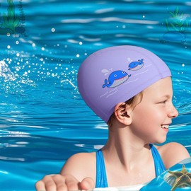 PD Kids Swimming Cap – Cartoon PU Swim Cap for Boys & Girls Age 3-12, Soft Breathable, 3D Cut, High Elasticity, Comfortable Fit (Purple)