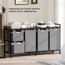 Yifeel Laundry Hamper with shelf, Laundry Basket 4 Section, Laundry room organization, Laundry Sorter with Pull-out 5 clothes bags(All 195.1L), Bedroom, Bathroom and Dorm, Black and Gray JLH003BG