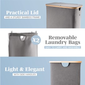 LONBET Laundry Basket with Lid, Made from Breathable Fabric | Aesthetic Clothes Hampers for Laundry with Side Handles & Sturdy Bamboo Frame (40 Gallons - Double, Gray)