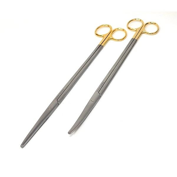 Set of 2 Pcs TC Metzenbaum Scissors 12" Straight & Curved with Tungsten Carbide Inserts Set, Stainless Steel, with Gold Rings