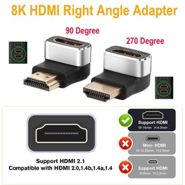 8K HDMI 90 and 270 Degree Adapter 2-Pack, Right Angle HDMI Adapter Male to Female L-Shape Connector, Support 8K@60Hz, 4K@120Hz, for HDTV, Roku, Fire Stick, Laptop