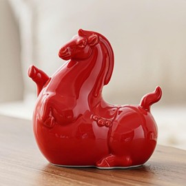 RYUHYF Ceramic Rocking Horse, Ceramic Pony Statue, Animal Collection Figurine, Garden Home Office Desk Decor (Red Horse Statue)