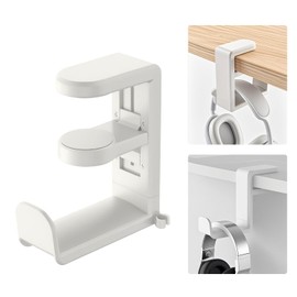 Headphone Hook，Under Desk Headphone Holder，PC Gaming Headset Holder，with 360 Degree Swivel & Cable Clip Organizer (White)