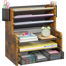 DAOUTIME 6-Tier Mesh Desk Organizer with Drawer, Wooden Office Organizer for Papers, Folders & Office Supplies - Sturdy Desktop File Holder with 2 Pen Holders - Space Saving Home Office Accessories