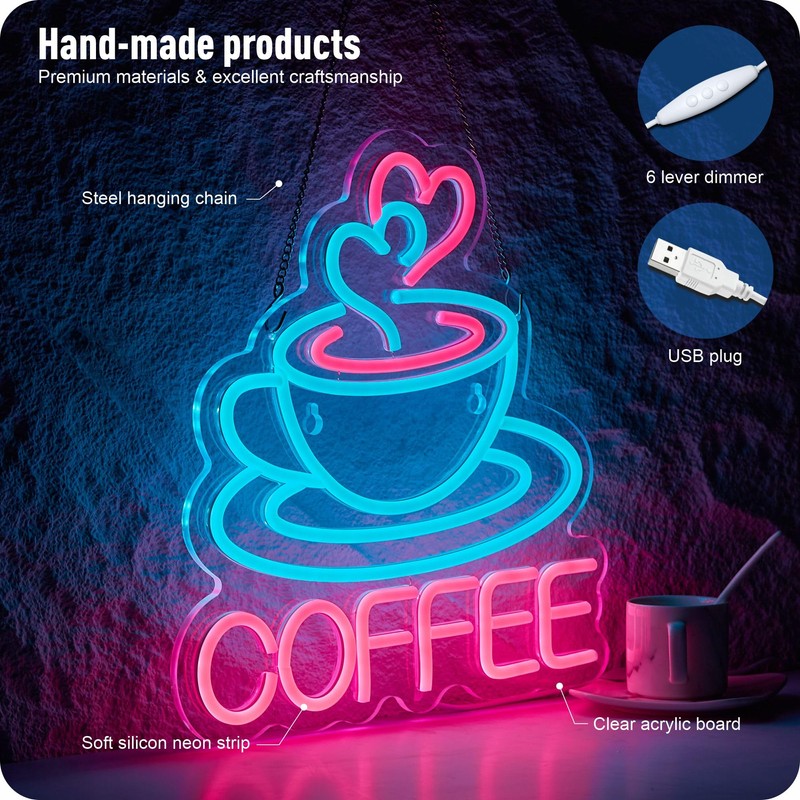 Coffee Neon Sign for Business, USB Powered Dimmable Bright Signs