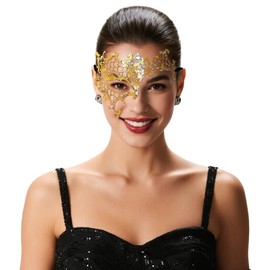EMORBALS Gold Masquerade Mask for Women, Venetian Masquerade Mask, Stretch Cord Design, Perfect for Ball, Wedding, Mardi Gras&Costume Party(Style-2)