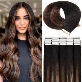 Tape in Hair Extensions Human Hair, Balayage Natural Black to Chestnut Brown Silky Straight Natural Hair Extensions Tape in Human Hair, 20pcs 14 Inch 40g Remy Ombre Tape in Hair Extensions