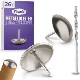 Filzada® 26x Stuhlgleiter Metall mit Nagel D20 mm - Stuhlgleiter für Teppich - Edelstahl Bodengleiter - Teppichgleiter - Stuhlbeingleiter - Möbelgleiter Teppich - Metallgleiter