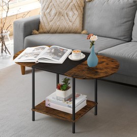 Small Round Coffee Table, 2-Tier Oval Center Table with Storage and Open Shelving, Minimalist Display Center Table for Living Room, Small Space, Home Office, Brown & Black