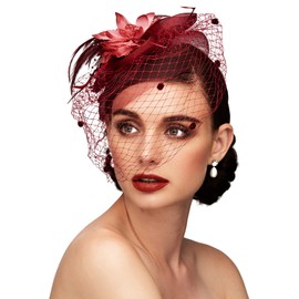 TS Fascinators Hat Tea Party Hat Mesh Floral Feather Hair Clip Girls and Women Fascinator Headband with Veil for Wedding Cocktail Burgundy