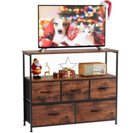 Sweetcrispy TV Stand for Bedroom, TV Dresser for 45 inches, Media Console Table, Entertainment Center with 5 Fabric Drawers Cabinet and Open Storage Shelf Furniture Cabinet for Living Room, Brown