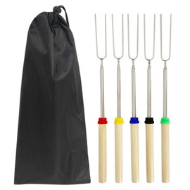 GZSYWZ BBQ Forks 5 Pcs U Shaped Wooden Handle Stainless Steel BBQ Forks Marshmallow Roasting Forks Hot Dog Forks Retractable Camping Accessory for Barbecue Campfire Party 32 inches Random Colour