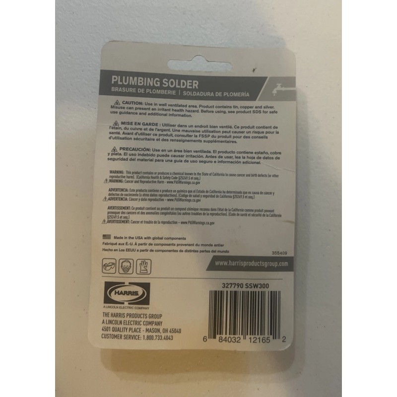 Harris PLUMBING SOLDER Silver Bearing Solid Wire Solder 3oz Lead