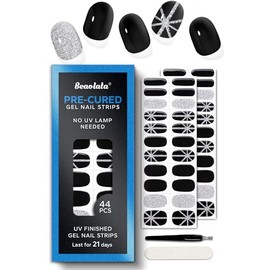 Beaolata Pre Cured Gel Nail Strips - 44PCS Salon Quality Gel Nail Stickers - Long Lasting Polish Wraps for Women no UV Light Needed Easy Apply& Remove (Sultry Black）