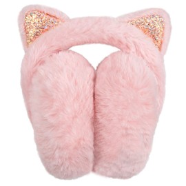 AOWVUTS Warmer Earmuffs for Women Girls Foldable Fluffy Faux Fur Thermal Ear Warmer Cute Sequin Cat Ears Plush Ear Muffs Soft Winter Accessories Coldproof Ears Covers Protector for Outdoor
