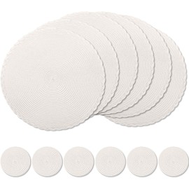wiipara Round Woven Placemats Set of 6, 34 cm Kitchen Coffee Table Mats with Coasters Heat Resistant Wipeable Table Placemats for Dining Table, Home, Restaurant, Hotel, Cafes (Cream)