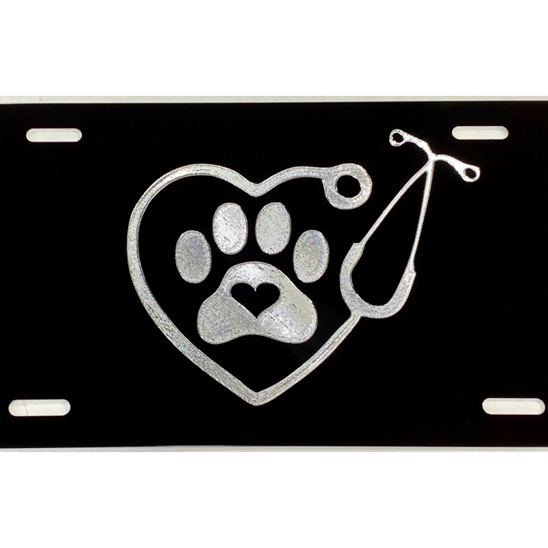 Engraved Veterinarian Dog Paw Car Tag Diamond Etched Vanity Front