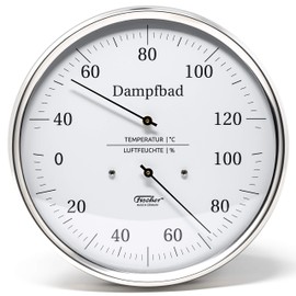 Fischer 183.01 Steam Bath Thermohygrometer 160 mm Hair Hygrometer and Bimetal Thermometer Stainless Steel Made in Germany