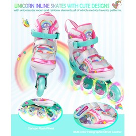 Unicorn Rainbow Inline Skates for Girls Teens Womans,4-Pejiijar Roller Skates for Girls Ages 6-8-12 w/Luminous Wheels,Kids Adjustable Roller Shoes for Birthday Xmas Gifts