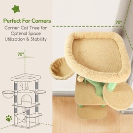 Globlazer Cactus Corner Cat Tree Tower with Scratching Post for Indoor Cats, 51in Multi-Level Cat Condo Tower with Large Hammock, Fan-Shaped Padded Perch, Spacious Cat Cave, Hanging Basket, C51, Green