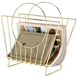 MyGift Mid-Century Brass Plated Metal Free Standing Magazine Holder Document File Rack with Decorative Bag Shaped Design