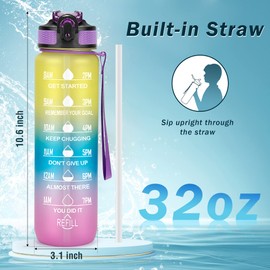 YC Kitchen 1 Litre Motivational Water Bottle with Time Marker, Leak-proof BPA Free Sports Water Bottles with Straw & Carrying Strap