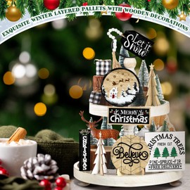 Christmas Tiered Tray Decor Christmas Trees Merry Christmas Let It Snow Wooden Signs Christmas Table Decorations Centerpieces Rustic Farmhouse Decor for Xmas Winter Home Table Shelf