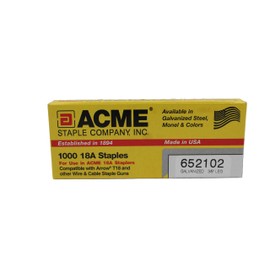 Acme Staple 18A Galvanized Steel Staples, 3/8" Leg Length, 3/16″ Crown for Crush Free Installation of Cat, Bell, Stranded and Thermostat Wires, 1,000/Box