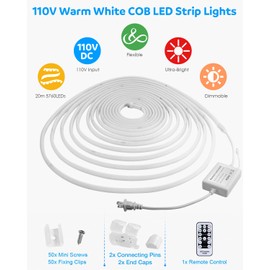 Aclorol 65.6FT COB LED Strip Lights Warm White AC 100V-120V Waterproof Flexible COB Light Strip with Remote Control Dimmable Bright for Outdoor Garden Commercial Building 3000K 288Leds/M 20M