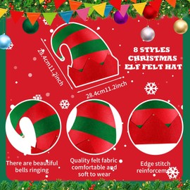 8 Packs Christmas Elf Hat Santa Hat Christmas Holiday Party Hats with Bells Adult Christmas Elf Hat Stripes Christmas Elf Felt Colourful Hat One Size Costume Favour Accessories