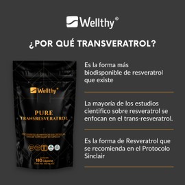 Wellthy Transresveratrol Puro 180 Cápsulas. Resveratrol de alta biodisponibilidad, 1000mg 100% Puro, 100% Natural, VCaps Cápsulas Veganas, Bottle Free.