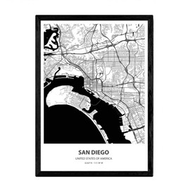 Nacnic San Diego USA SINGLES OF THE UNITED STATES CITIES WITH SEAS AND RIVERS IN BLACK COLOUR A4 SIZE FRAMED