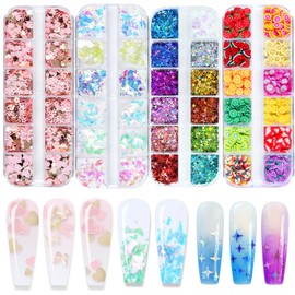 AddFavor 4 cajas de lentejuelas holográficas con brillantina mixta, copos iridiscentes en forma de mariposa, corazón, estrella, fruta y rebanada para 