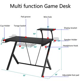 POWERSTONE Gaming Desk 52“ - Computer Desk with Monitor Shelf Storage Basket Cup Holder Speaker Holder & Headphone Hook Racing Style Gamer PC Workstation