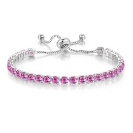 14K Gold Plated Tennis Bracelets Colorful Sparkling Cuban Zirconia Adjustable Ice Out Link Chain Slider Bangle Jewelry Dainty Bracelet for Women-silver pink