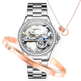 OLEVS Womens Watch Automatic Mechanical Diamond Skeleton Silver Luxury Dress Waterproof Luminous Ladies Watches for Women Gift Set
