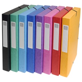 Exacompta 50300E Premium Collection Box Assembled with Elastic Band, 25 mm Wide, Made of Extra Strong Colorspan Cardboard with Spine Label for DIN A4, Archive Box, File Box, Document Box, Collector's Folder, 1 Piece, Random Colour