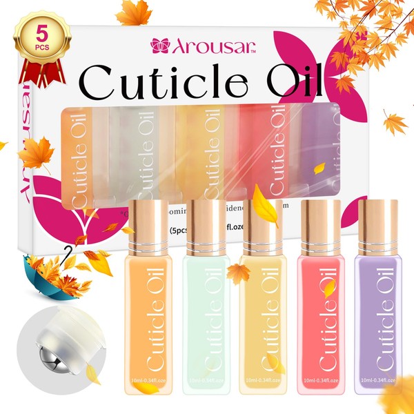Cuticle Oil, 5pcs 10ml Nail Oils Set Rollerball Applicator for Nails Natural Cuticle Care Kit Essential Oils for Nails Smoothing, Nourishing, and Moisturizing, Sweet Almond